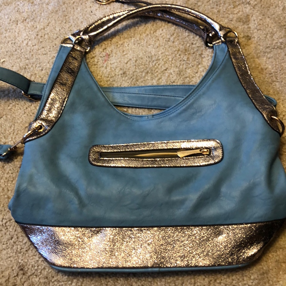 Sky blue with champagne bronze sparkle purse